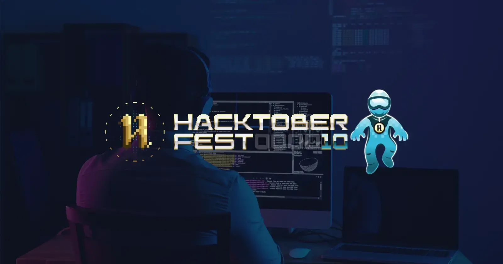 Hacktoberfest 2023 logo and a blue pixel-art astronaut mascot over a dim photo of a developer at a desk with code on the monitors