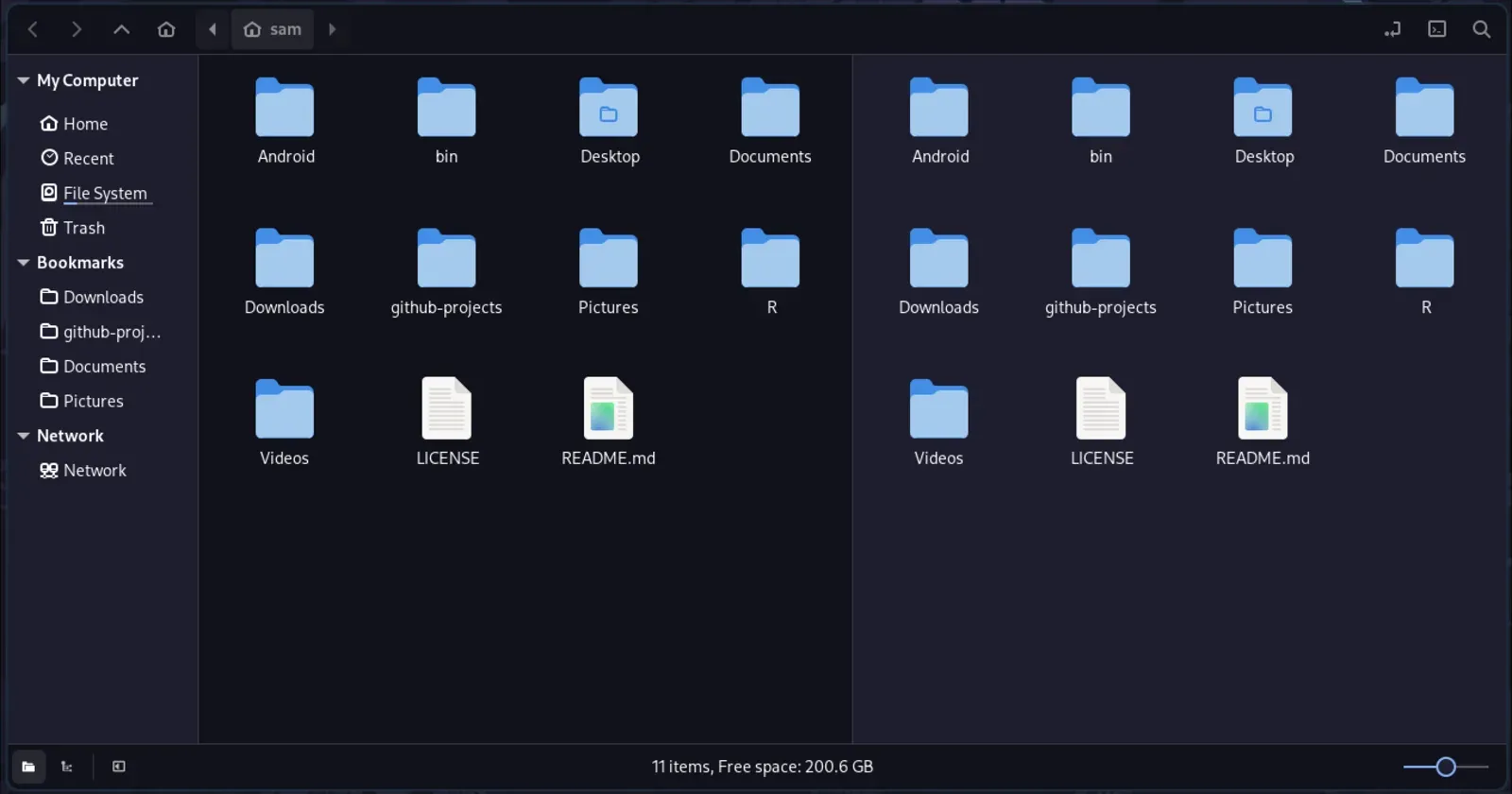Nemo file manager in a dark Catppuccin theme, split into two panes that each show the same home folder with Android, bin, Desktop, Documents, Downloads and other folders