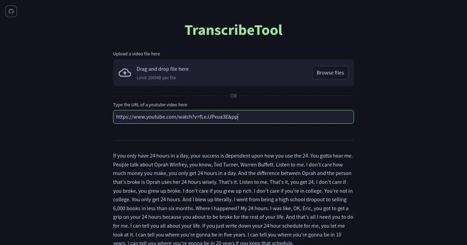 TranscribeTool in a dark theme, with a file upload box, a YouTube link pasted into the URL field, and the transcribed text of the video below