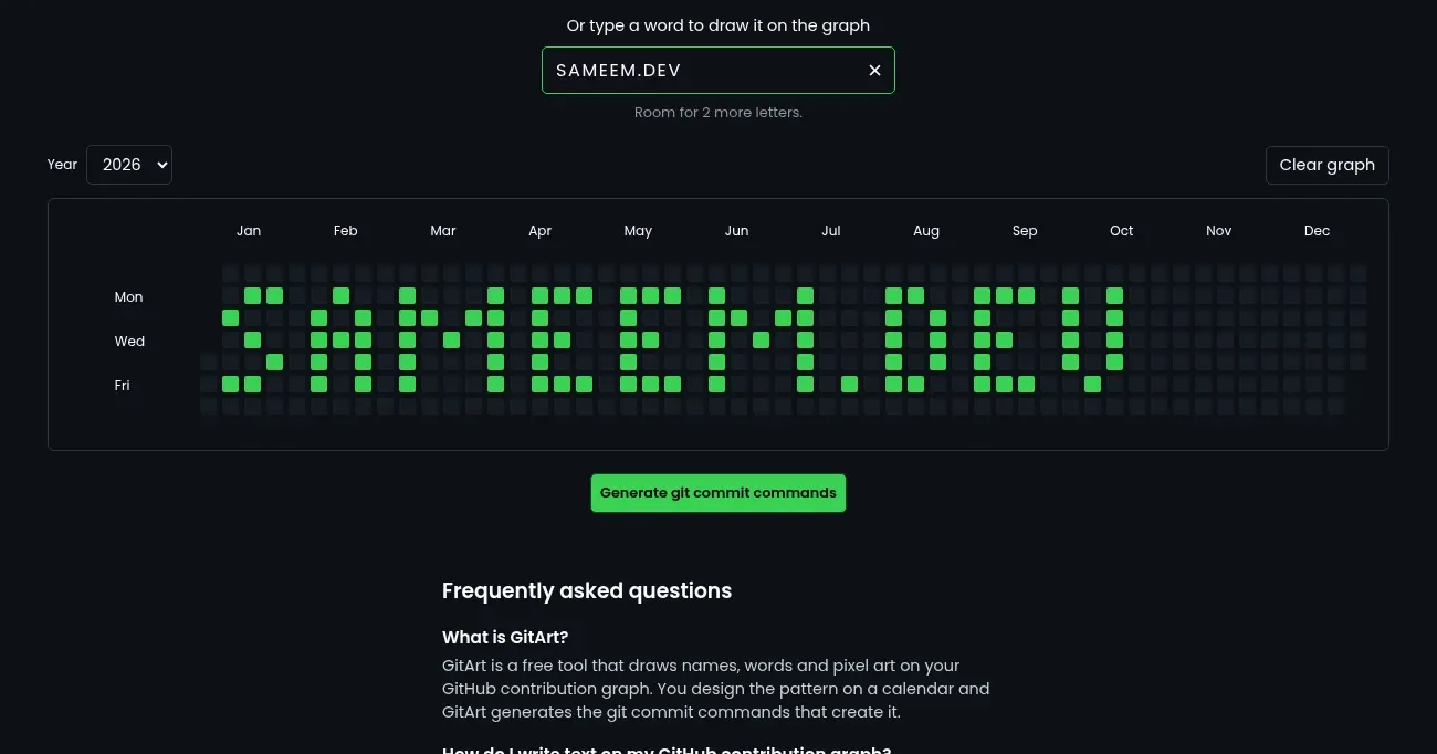 GitArt with SAMEEM.DEV typed into its text box and drawn in green squares across a 2026 contribution graph