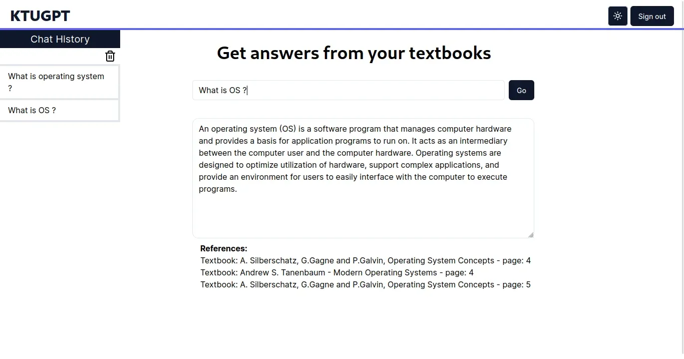 KTUGPT answering What is OS with a definition of an operating system, followed by references to pages 4 and 5 of Operating System Concepts and page 4 of Modern Operating Systems, with a chat history sidebar on the left